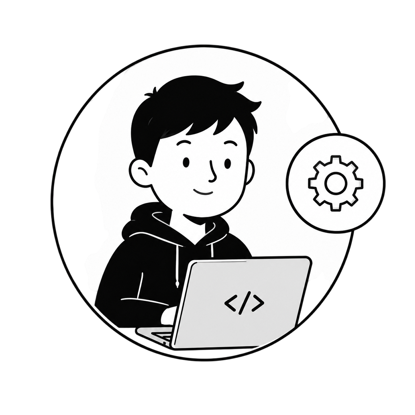 Line-art developer at a laptop with code and gear icons