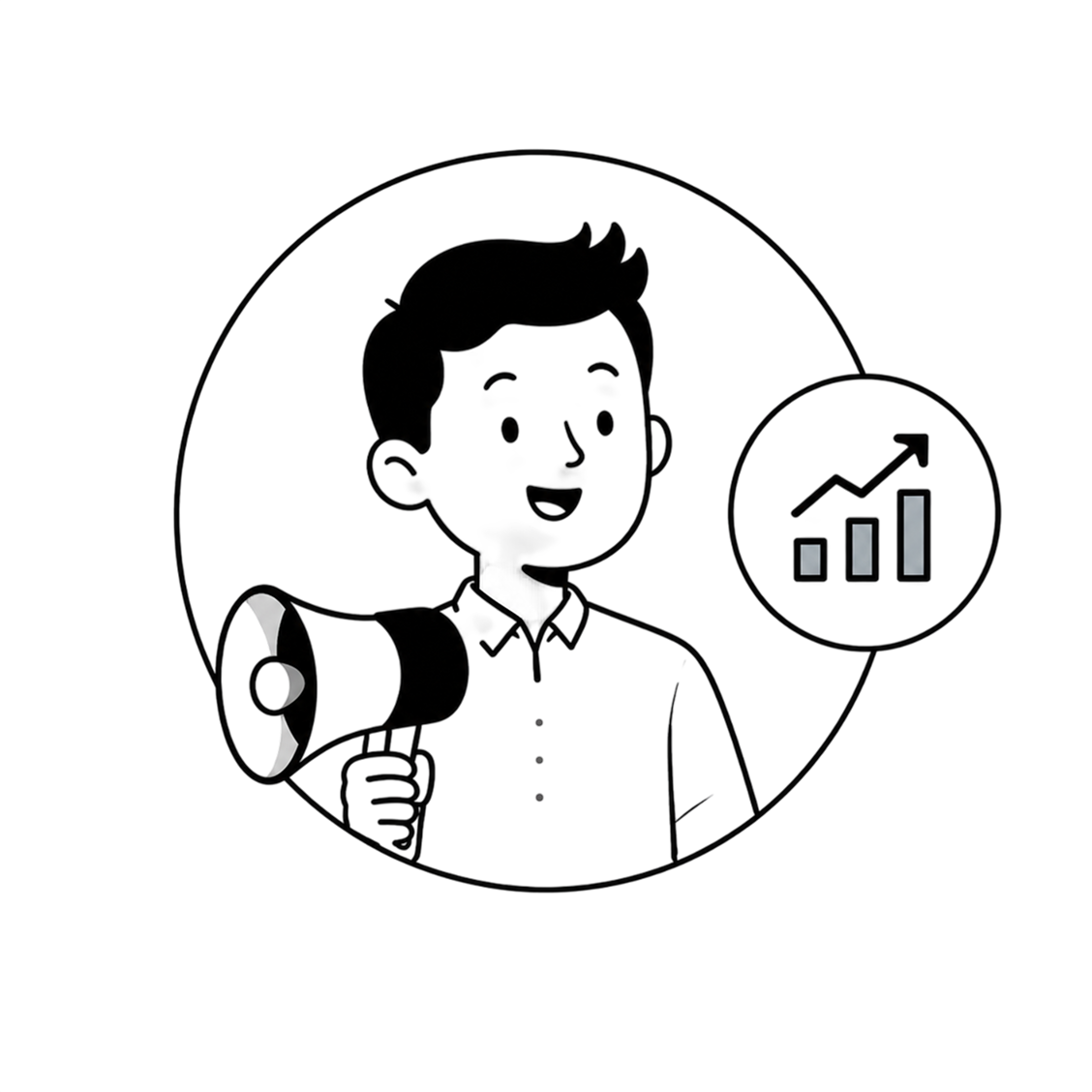 Line-art person with a megaphone and growth chart icon
