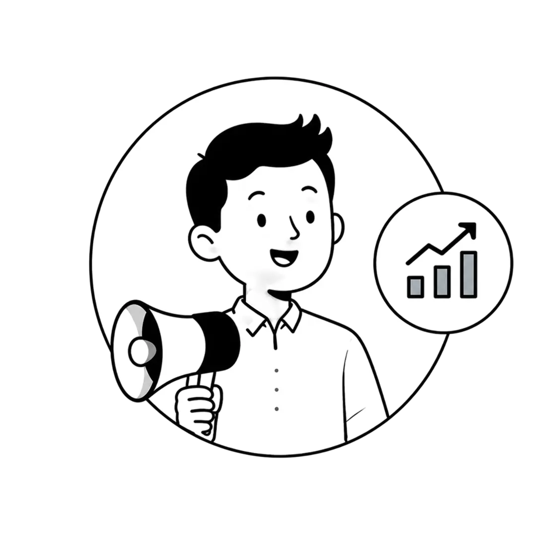 Line-art person with a megaphone and growth chart icon