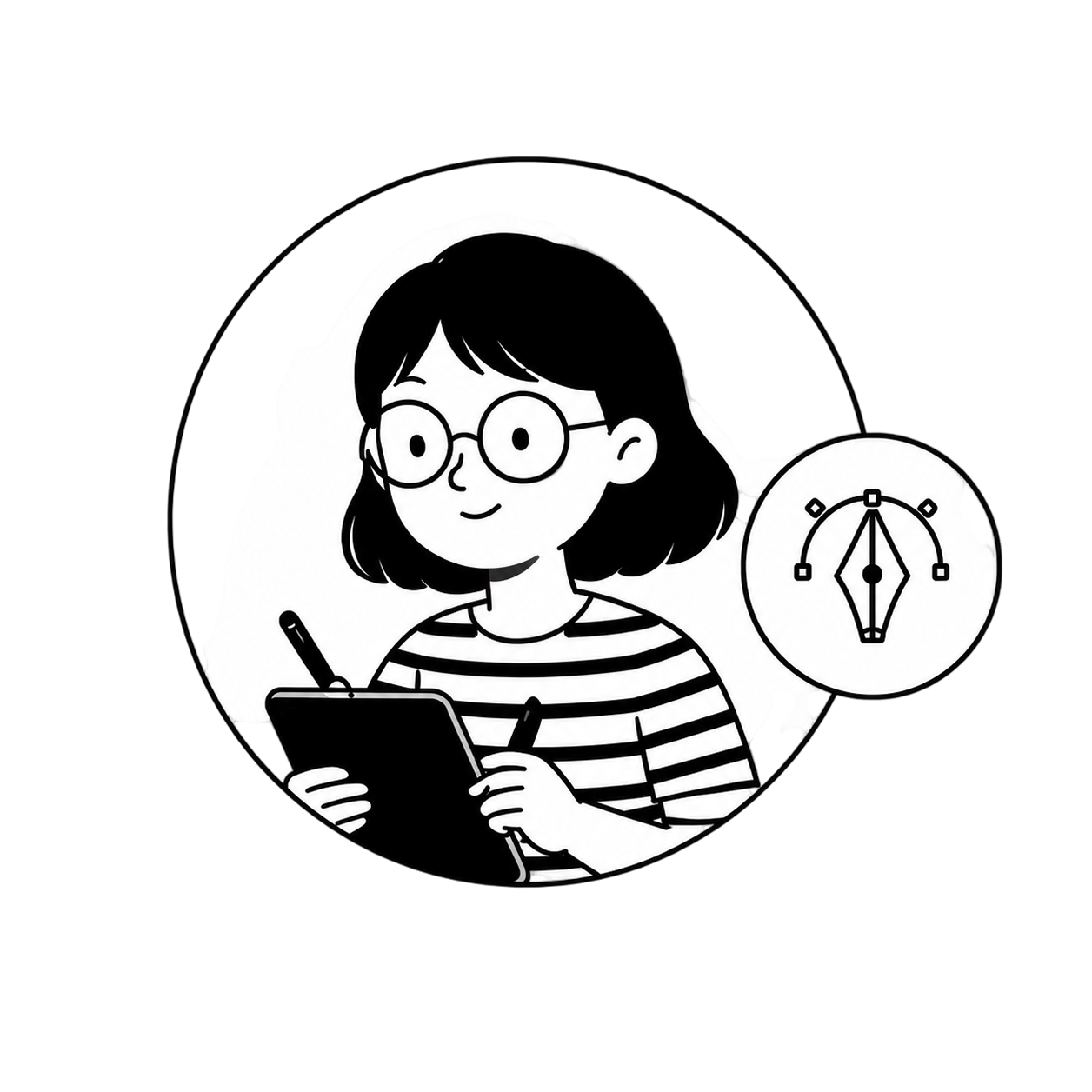 Line-art designer with a tablet and vector pen icon