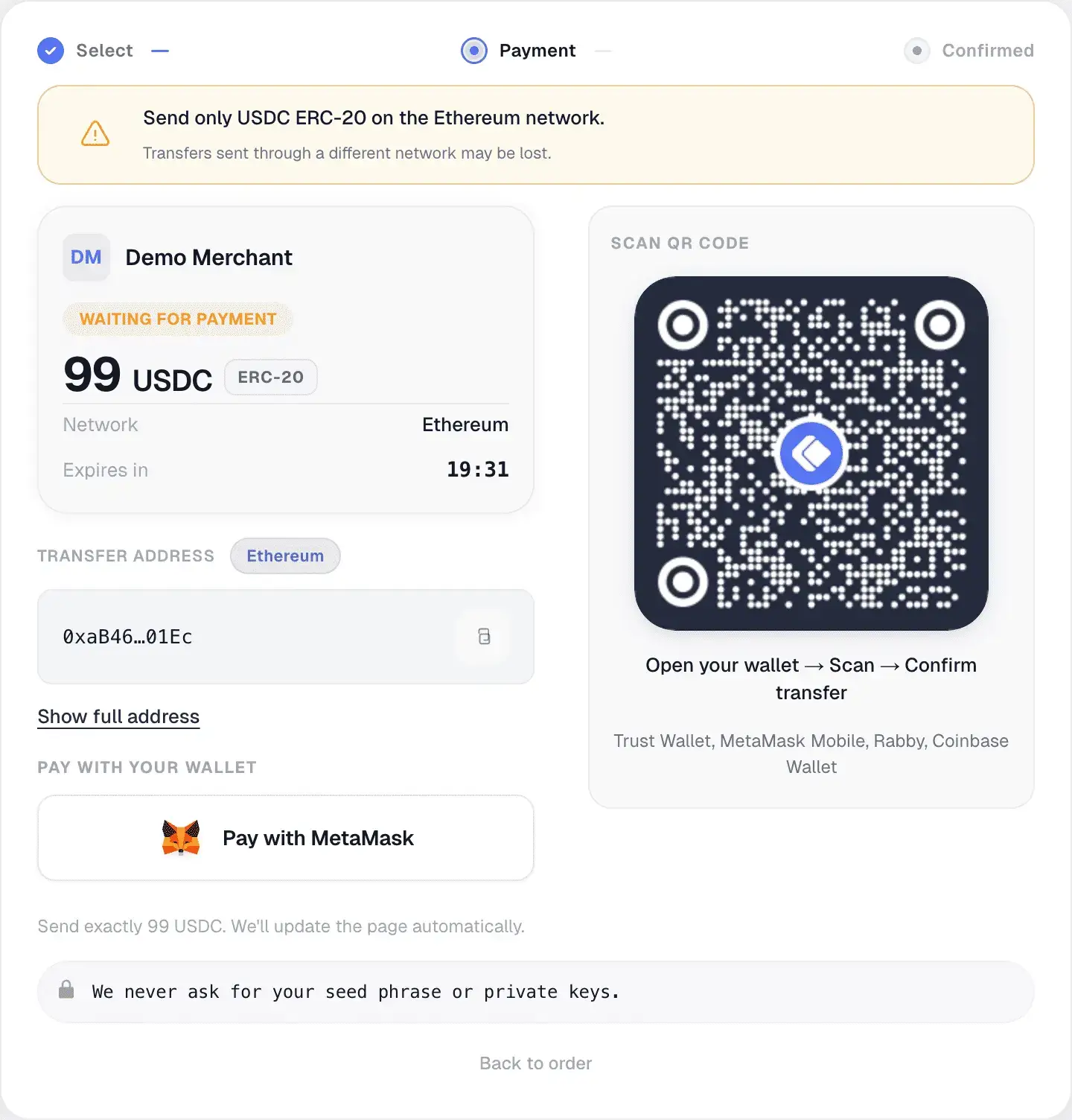 Product screenshot: payment step with transfer address, QR code, and wallet checkout.